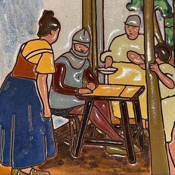 Antique Don Quixote Scene 8” Enameled Clay 8” Square Tiles Custom Framed - Picture 7 of 16